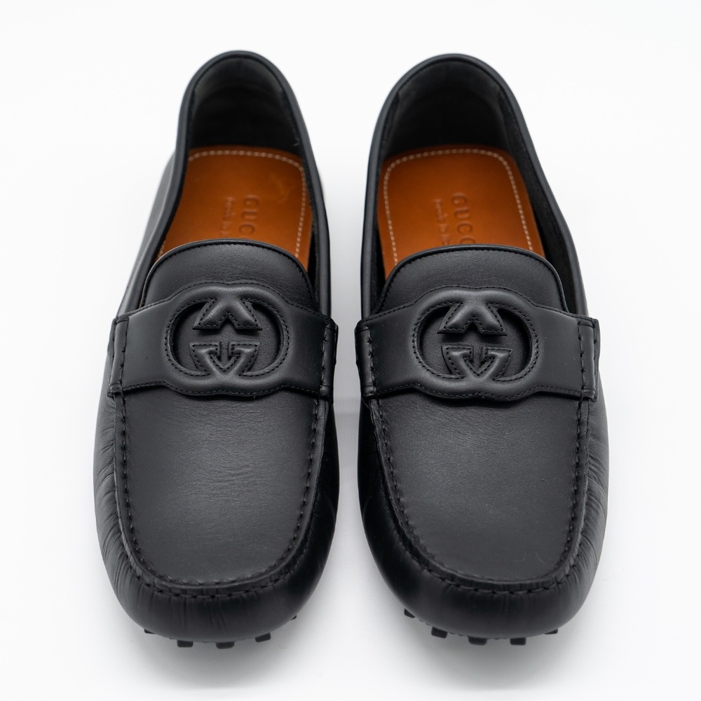 size 13G 13.5 US Gucci GG Leather Moccasin Driver Black Loafers Leather Cut Out - Picture 3 of 11